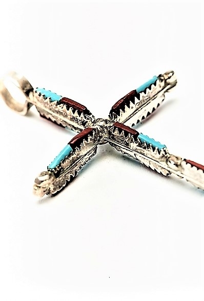 Anhnger, Silber, Trkis*-Koralle, Two Sided Cross, Zuni Needlepoint Art