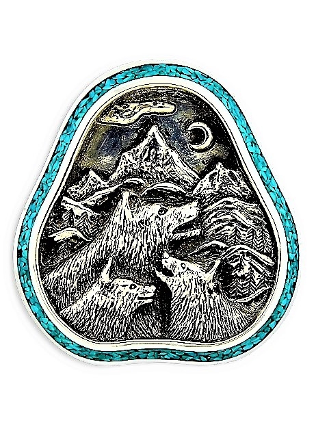 Bolo Tie, Zierschild Silber, Trkis*, Mountain Wolf Family, Southwest Art