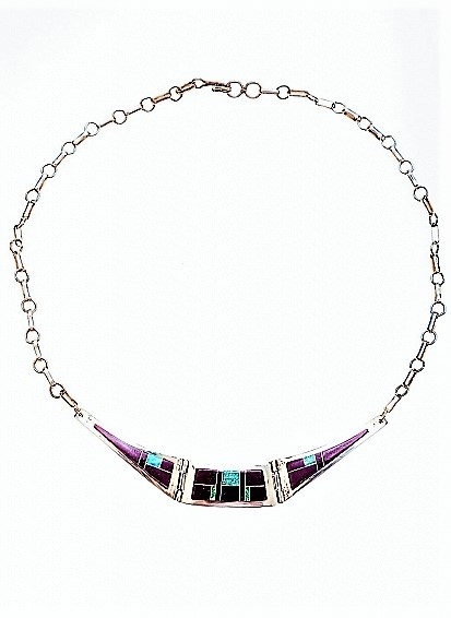 Halskette, Silber, Sugilith-Zuchtopal, Purple Light, Navajo Mosaik Art, 42 cm