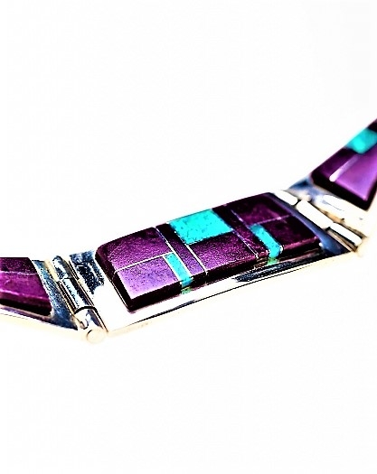 Halskette, Silber, Sugilith-Zuchtopal, Purple Light, Navajo Mosaik Art, 42 cm