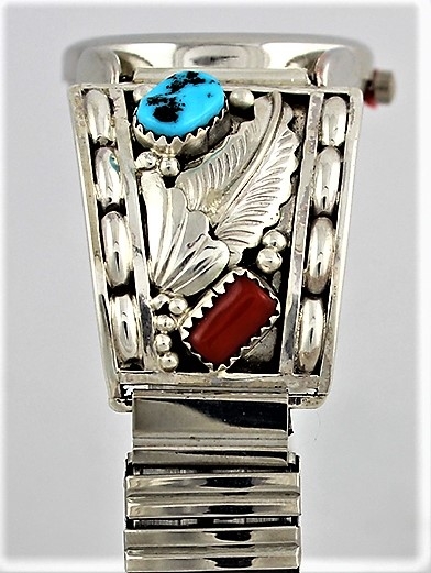 Herren Uhr, Uhrtips Silber, Trkis-Koralle, Leaf Pattern, Navajo Art