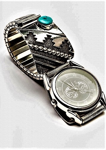 Herrenuhr, Uhrtips Silber, Trkis, Kiwa Steps, Navajo Overlay