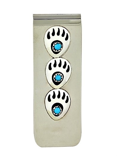 Geldklammer, Stahl & Silberapplikation, Trkis, Little Bear Paw, Navajo Art