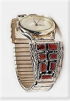 Herrenuhr, Uhrtips Silber, Koralle, Coral Cluster, Navajo Art