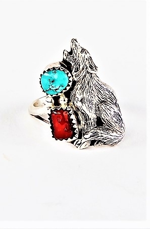 Ring, Silber, Trkis*-Koralle, Singing Wolf, Navajo Art, US Gr. 8; 8,5; 9