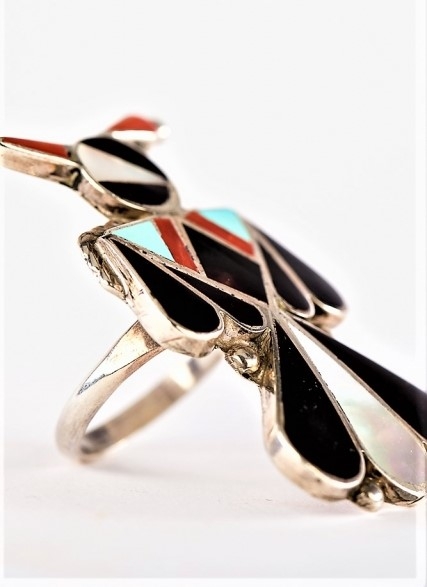 Ring, Silber, Steinmosaik, Thunderbird, Zuni Art, US Ringgre 8 - 8,5 - 9