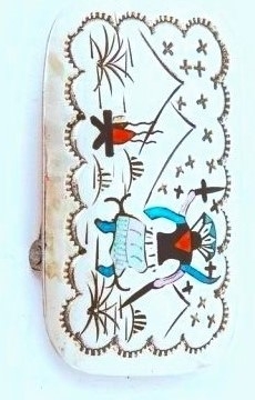 Grtelschliee, Silber, Chip Inlay, Knifewing Dancer, Navajo Art