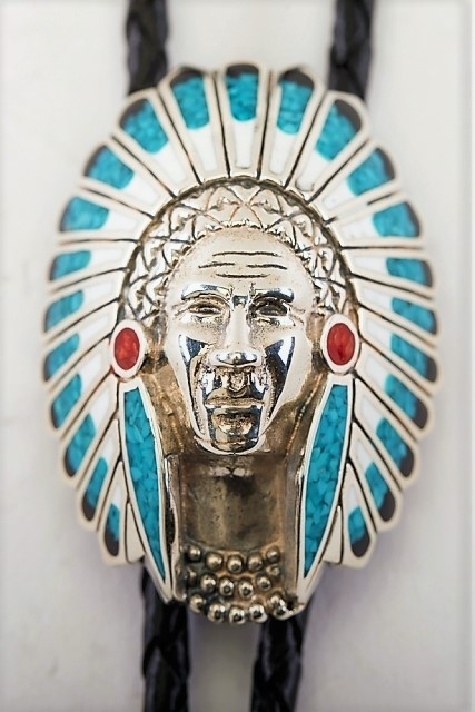 Bolotie, Zierschild Silber, Steinmosaik, Chiefs War Bonnet, Southwest Art