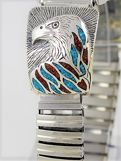 Herren Uhr, Uhrtips Silber, Trkis*-Koralle, Eagle Face, Southwest Art