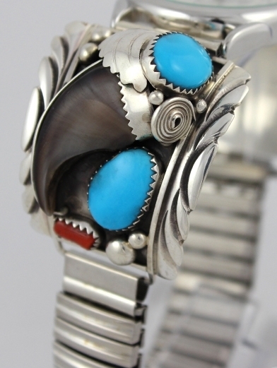 Herrenuhr, Uhrtipps Silber, Trkis*, Korall, Brenkralle, Swiped Stones, Navajo Art