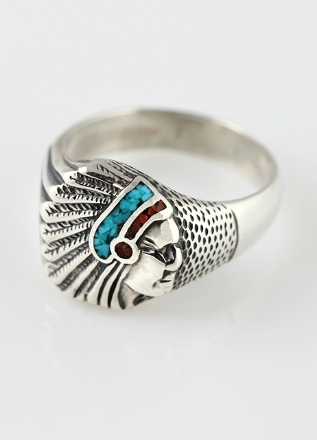 Ring, Silber, Trkis*-Koralle, Chief Head, Southwest Art, US-Gr. 5; 6; 7; 9; 11; 12; 13