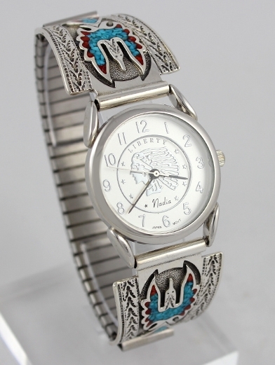 Herrenuhr, Uhrtips Silber, Trkis*-Koralle, Thunderbird, Southwest Art