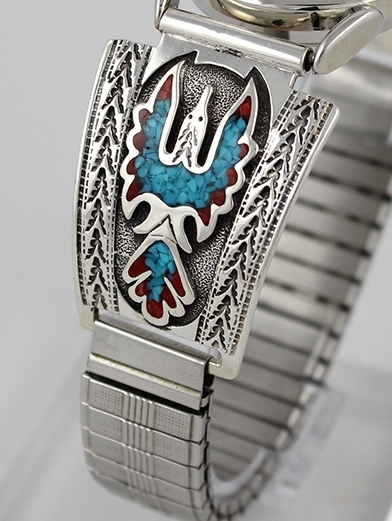 Herrenuhr, Uhrtips Silber, Trkis*-Koralle, Thunderbird, Southwest Art