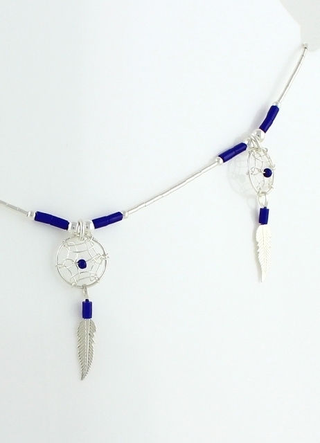 Kette, Liquidsilber, Lapislazuli, Good Threes Dreamcatcher, Heishi Art