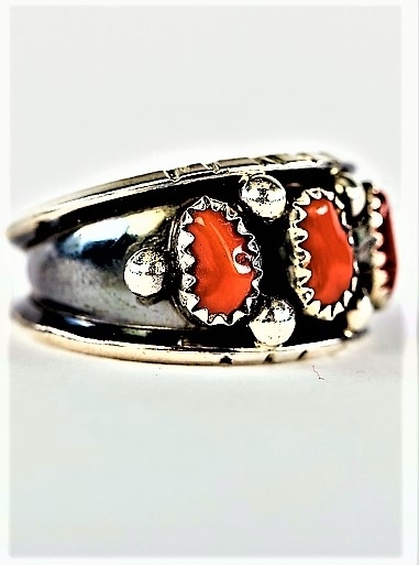 Ring, Silber, Koralle, Red Drilling, Navajo Art, US Gr. 9